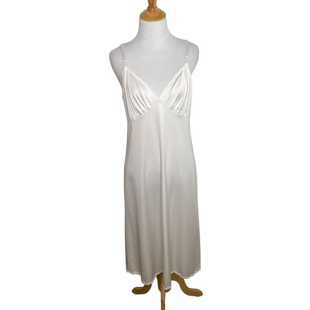 Vintage Shadowline Size 36 White Full Slip, Floral Lace Trim Adjustable Straps